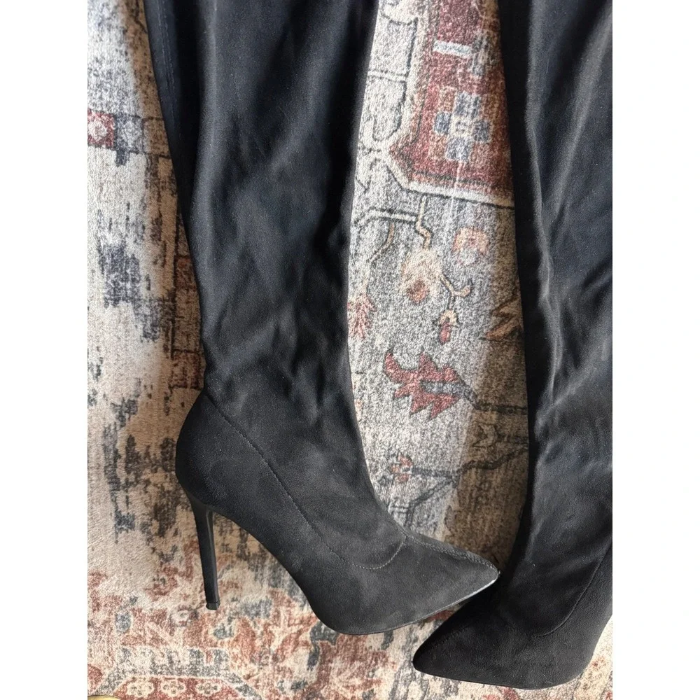 LILIANA Black Pointed Toe Stiletto Over Knee Boots 8.5 Whimsigoth Party‎ Sexy